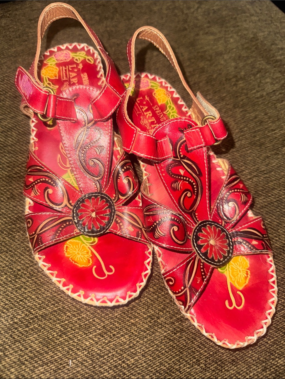 Women's Red Hand-Painted Leather Slingback Sandals with Floral Motif
